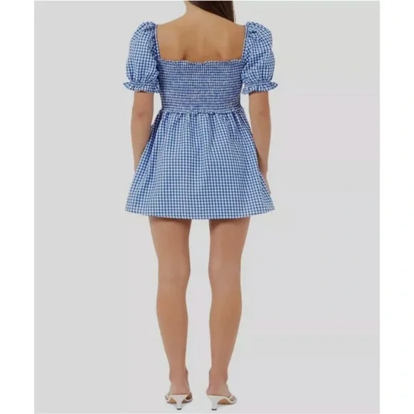French Connection Blue Gingham Artina Puff Sleeve Smocked Mini Dress - Picture 2 of 5